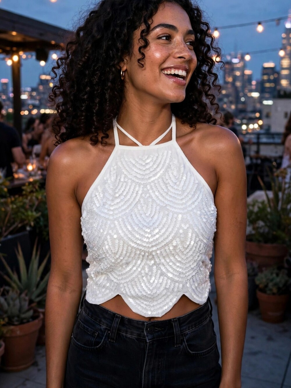 White Sequin Halter Crop Top – Scallop Sequin, Open Back Tie, Party, New Year